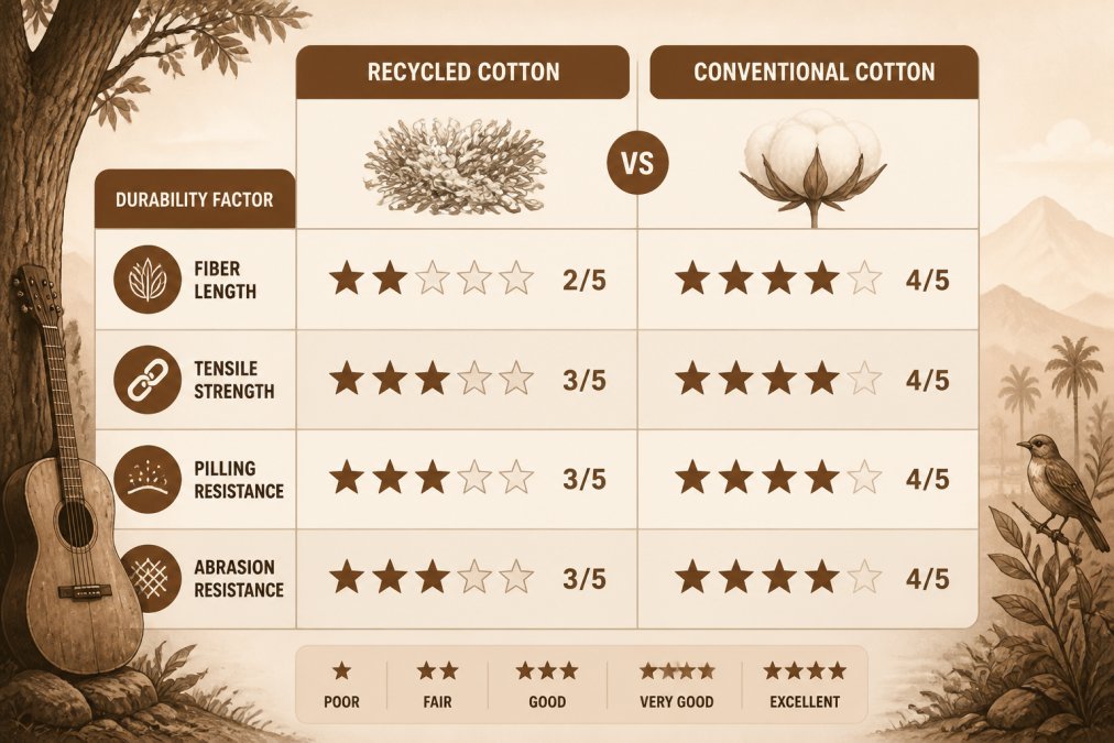 Feature comparison matrix of durability factors, fiber length, tensile strength, pilling resistance, and abrasion resistance, scored side by side for recycled cotton vs conventional cotton