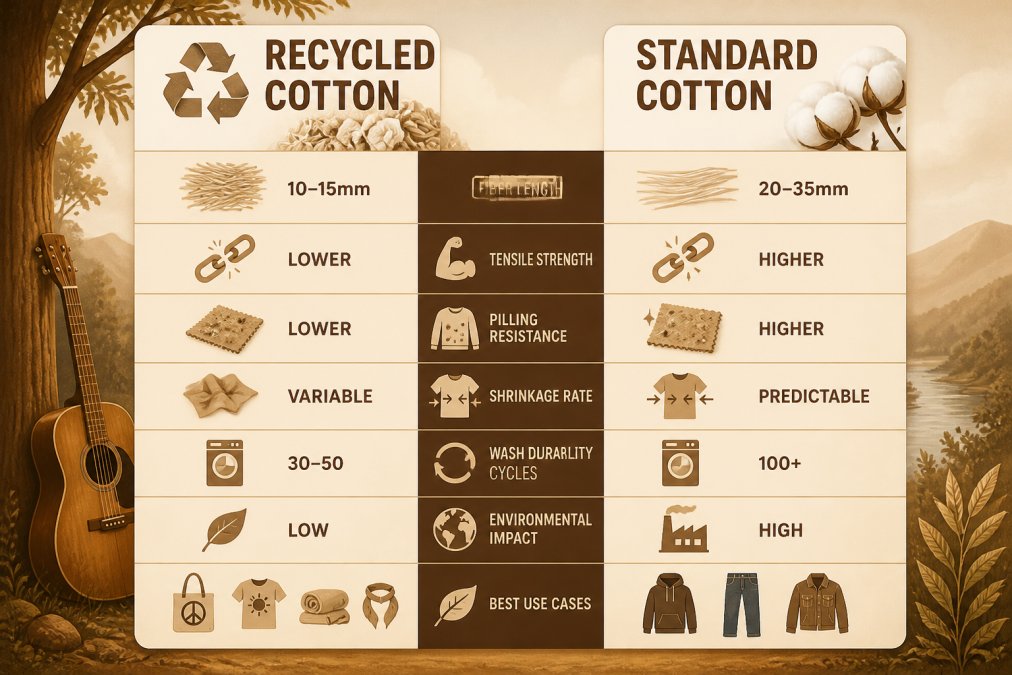 Comparison matrix of recycled cotton vs standard cotton durability across fiber strength, wash cycles, and impact.