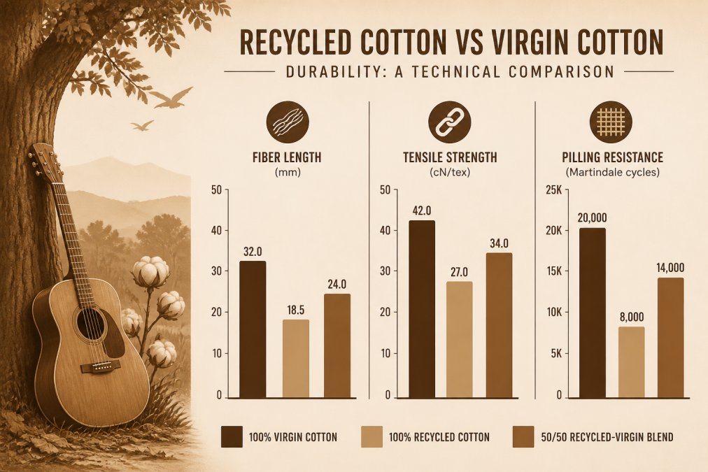 Bar chart comparing fiber length in mm, tensile strength in cN/tex, and pilling resistance in Martindale cycles across 100% virgin cotton, 100% recycled cotton, and a 50/50 recycled-virgin blend
