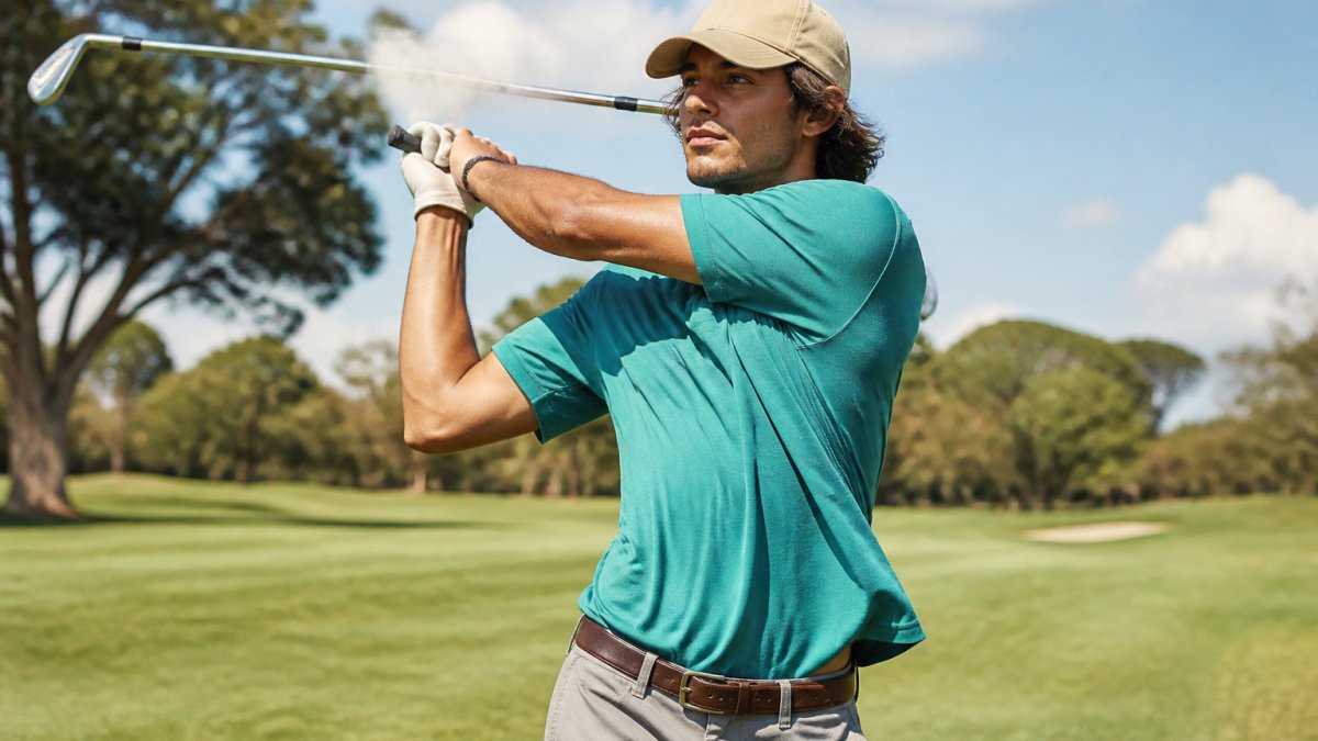 Golfer mid-swing on a sunny fairway wearing a vibrant recycled polyester shirt, showing comfortable movement and fabric drape in bright natural light