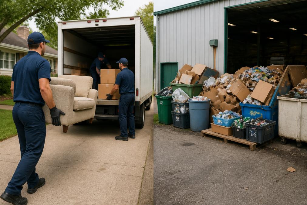 Junk removal crew loading furniture and boxes into a truck to compare recycling vs landfill processes.