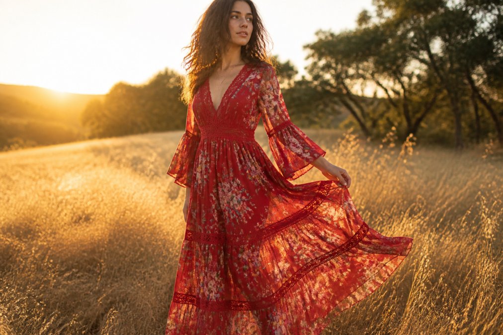A woman wearing a flowy red floral maxi dress with lace trim, standing in a sunlit field at golden hour, fabric catching the breeze