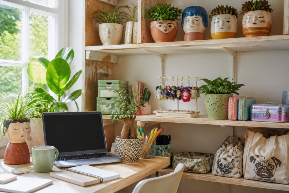Bright, styled home workspace with quirky homeware items displayed on shelves, including colourful plant pots, decorative accessories, and gift items arranged to show aesthetic appeal and variety, natural daylight streaming through window