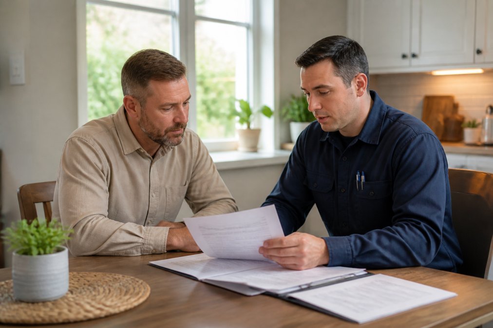 A homeowner sitting at a kitchen table reviewing paperwork with a uniformed electrician, both looking at documents, natural daylight coming through the window behind them