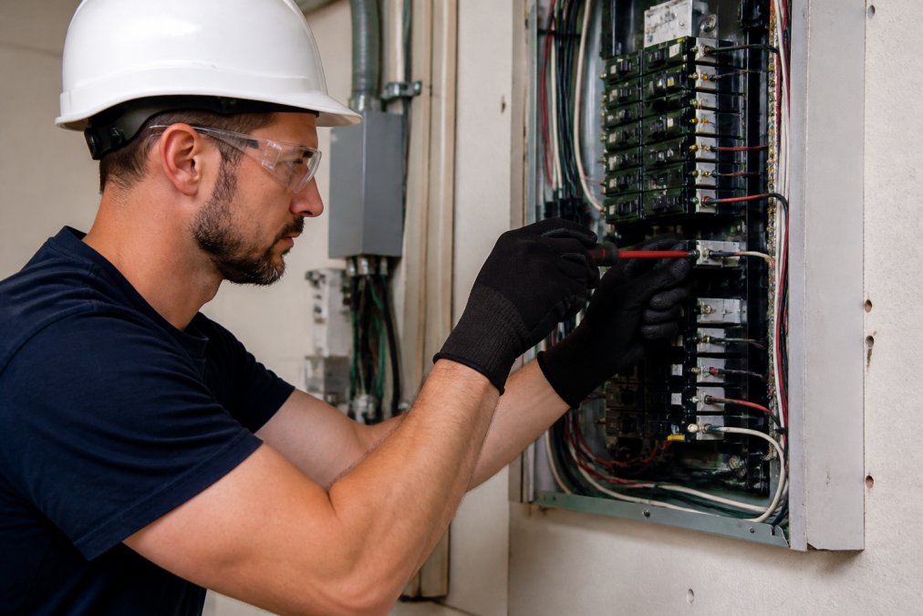 Close-up of a licensed electrician's gloved hands working on a residential circuit breaker panel, with safety gear visible and focused professional demeanor in a utility room setting