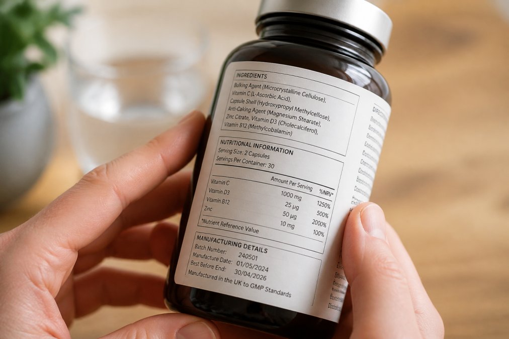 Close-up of hands holding a supplement bottle label showing ingredient list, nutritional information, and manufacturing details clearly visible under natural lighting