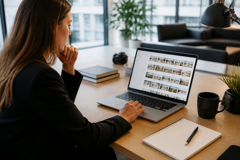 A marketing manager at a desk reviewing an influencer's social media analytics on a laptop screen, with a notepad and coffee nearby in a bright modern office