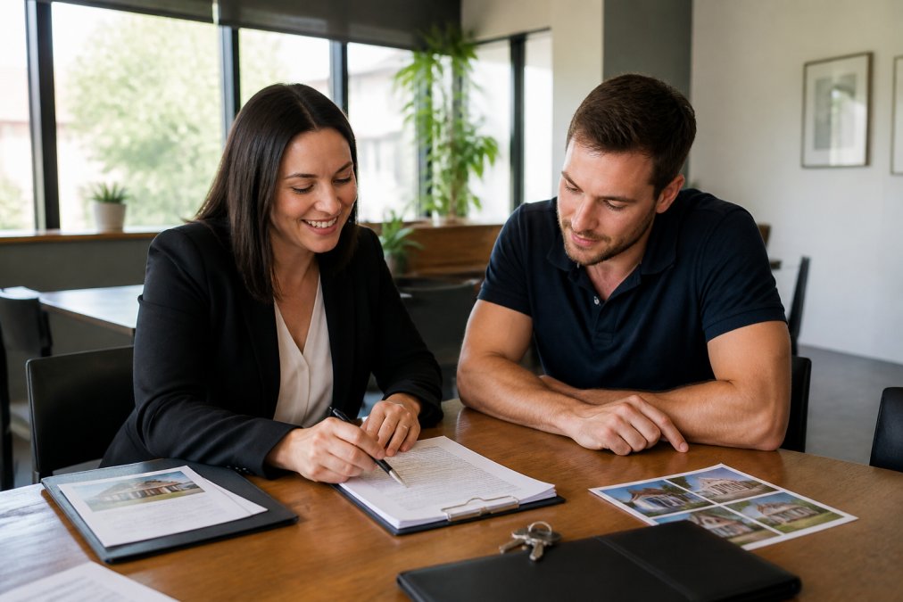 Professional real estate agent and prospective homebuyer sitting at a wooden table reviewing documents and a listing agreement in a bright, modern office with natural window lighting