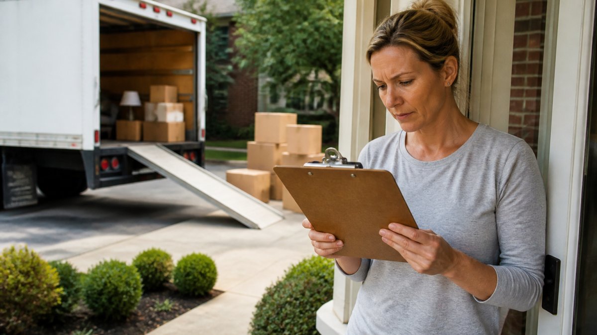A homeowner standing at their front door reviewing a moving quote on a clipboard while a moving truck is parked in the driveway behind them