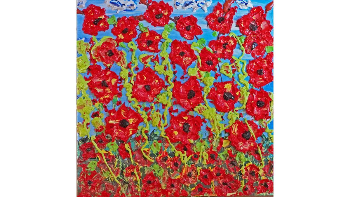 A bright living room with a single large original painting of red flowers in a meadow hung above a neutral-toned sofa at eye level, with a picture light illuminating the canvas