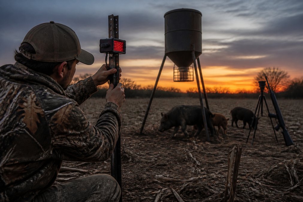 A hunter in camouflage mounting a red LED feeder light on a T-post near a corn feeder at dusk, with a tripod and rifle visible in the background and hogs beginning to approach the feeder area