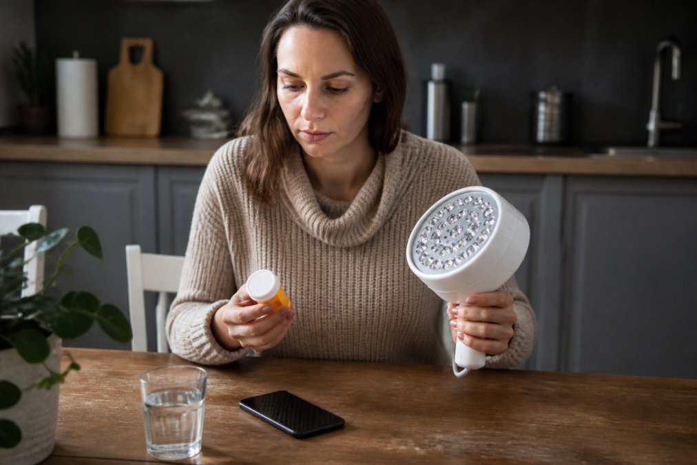 A person at a kitchen table holding a prescription bottle in one hand and a red light therapy device in the other, with a smartphone showing a medication label on the table in front of them