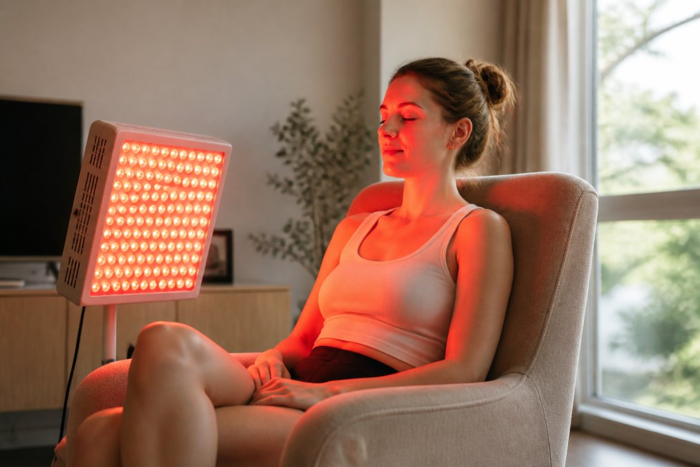 Person seated comfortably in modern living room using a red light therapy panel positioned at chest level, warm amber-red light illuminating the skin, relaxed posture on comfortable chair with natural window lighting in background