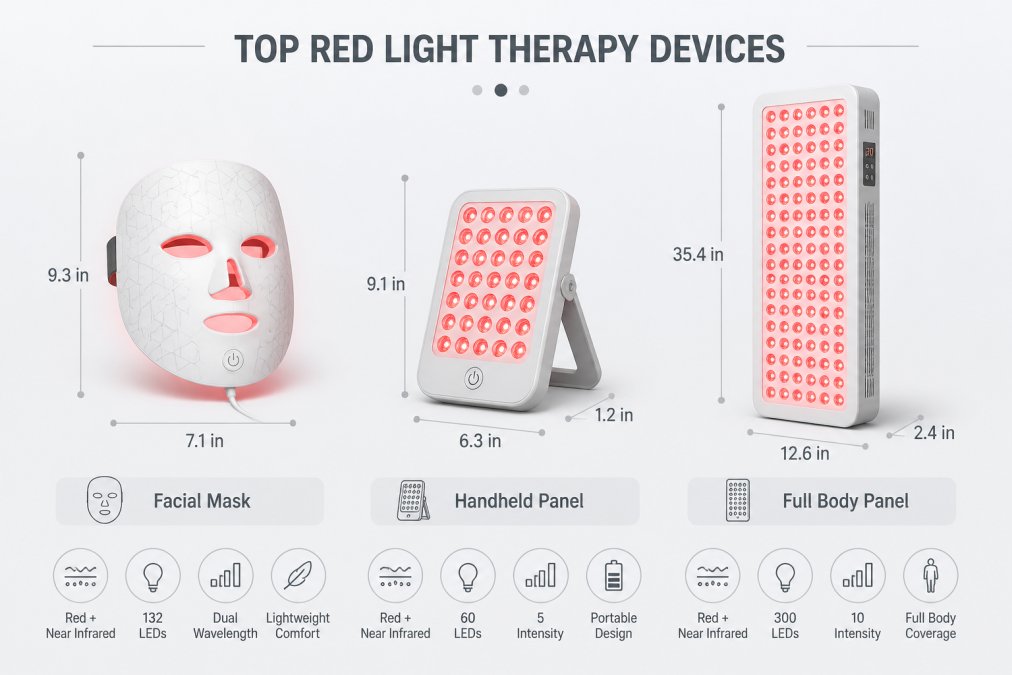 Flat-lay arrangement of various red light therapy devices on clean white surface showing size and design differences, including a sleek facial mask, compact handheld panel with stand, and larger rectangular full-body panel, professional studio lighting