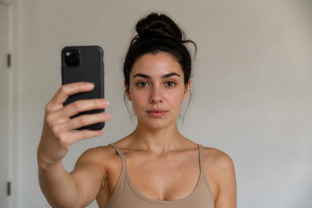 Person taking a selfie in consistent lighting conditions with neutral background, showing proper camera angle and distance for facial progress tracking