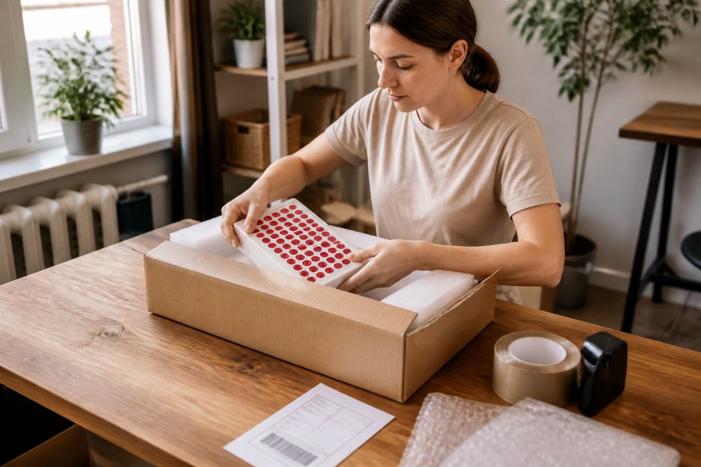 A person at a home desk carefully packing a red light therapy panel into its original box, with a printed return label and packing tape nearby, in a bright room