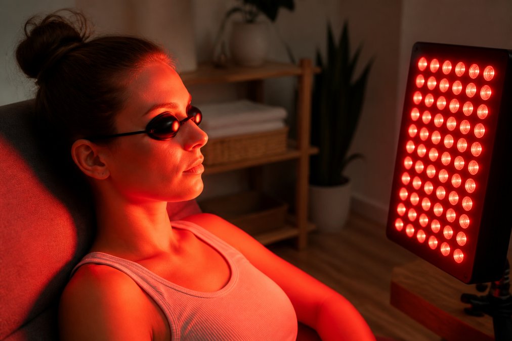 Person wearing protective goggles in front of a red light therapy panel for eye safety tips