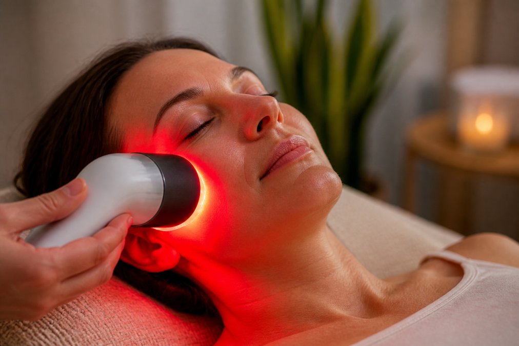 Close-up of a woman's face receiving red light therapy from a handheld device, showing the warm glow on her skin in a calm, spa-like home setting