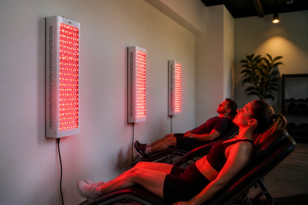 Professional gym recovery zone with red light therapy panels mounted on clean white walls, members positioned at optimal distance from equipment in modern wellness space with soft ambient lighting and professional setup