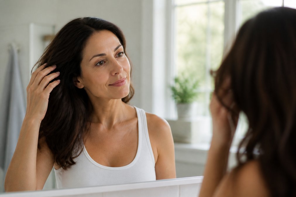 A woman in her late 30s gently running her fingers through noticeably fuller hair while looking into a bathroom mirror, soft natural light from a window illuminating her face