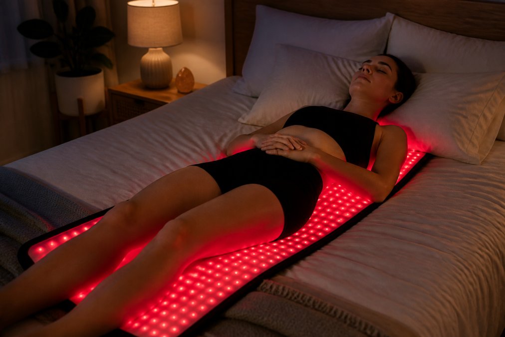 Person relaxing with eyes closed on a full-body red light mat in a dimly lit bedroom before sleep