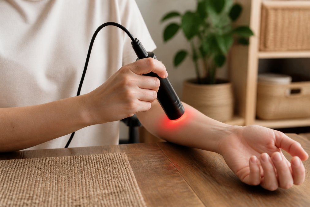 A close-up photograph of a person's hand positioning a handheld red light therapy wand directly on their wrist, with the device touching the skin, in a well-lit home environment