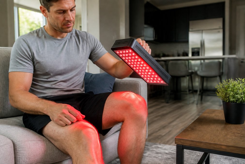Person seated at home positioning a red light therapy panel toward their knee during a treatment session, showing proper distance and angle in natural home lighting