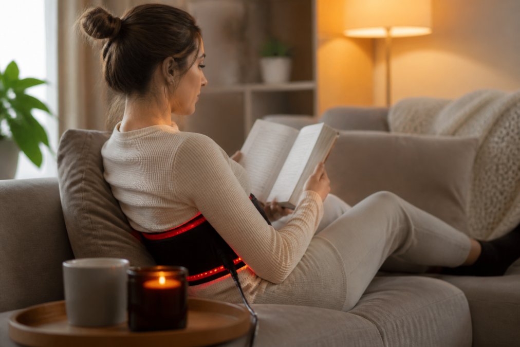 Person relaxing on a couch reading a book while wearing a red light therapy belt on their lower back