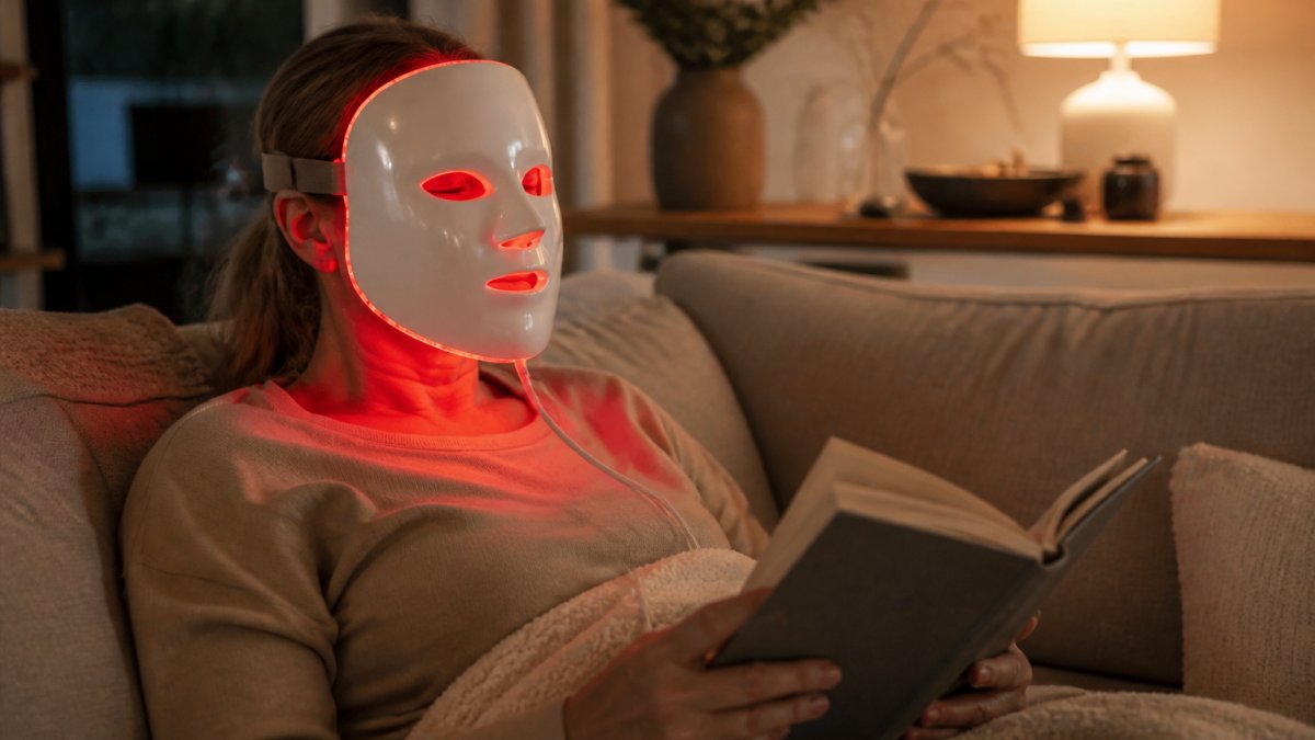 A woman in her 40s relaxing on a sofa at home, wearing a red LED face mask while reading a book, warm evening light in a modern living room