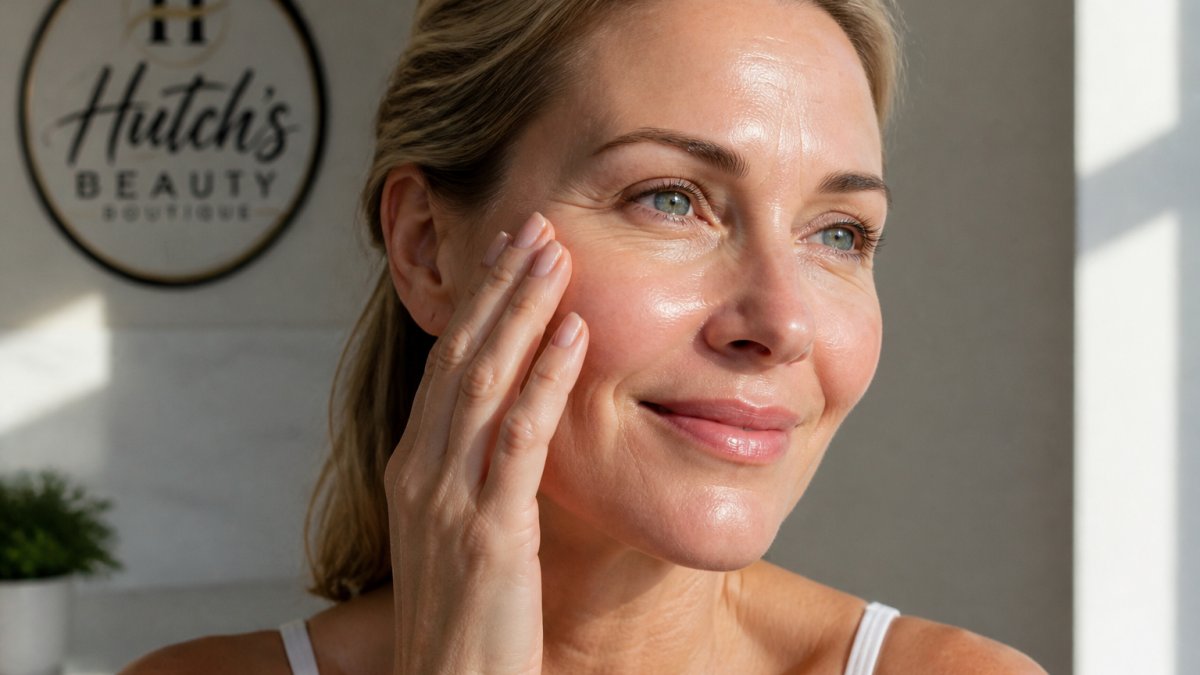 Close-up of a woman's face showing improved skin texture and radiance with natural morning light highlighting smoother complexion and reduced fine lines around eyes and forehead
