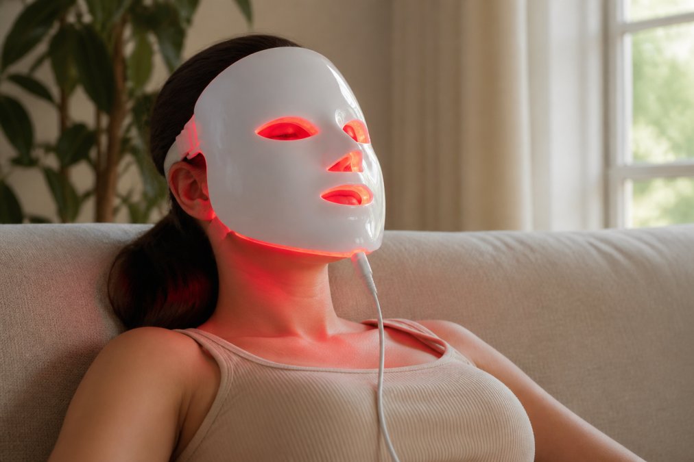 Person wearing a red light therapy face mask in a home setting, showing the device's fit and positioning on the face during treatment with soft ambient lighting