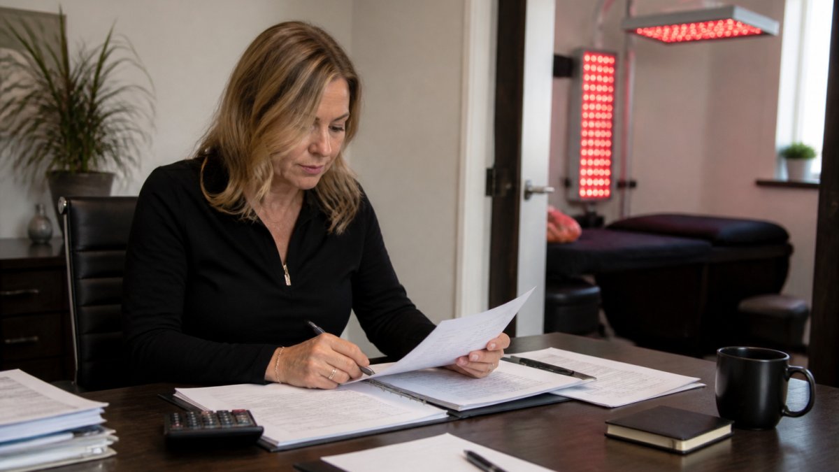 Wellness clinic manager reviewing financial spreadsheets and equipment cost analysis on desktop computer, with red light therapy LED panels visible in background treatment room, natural office lighting