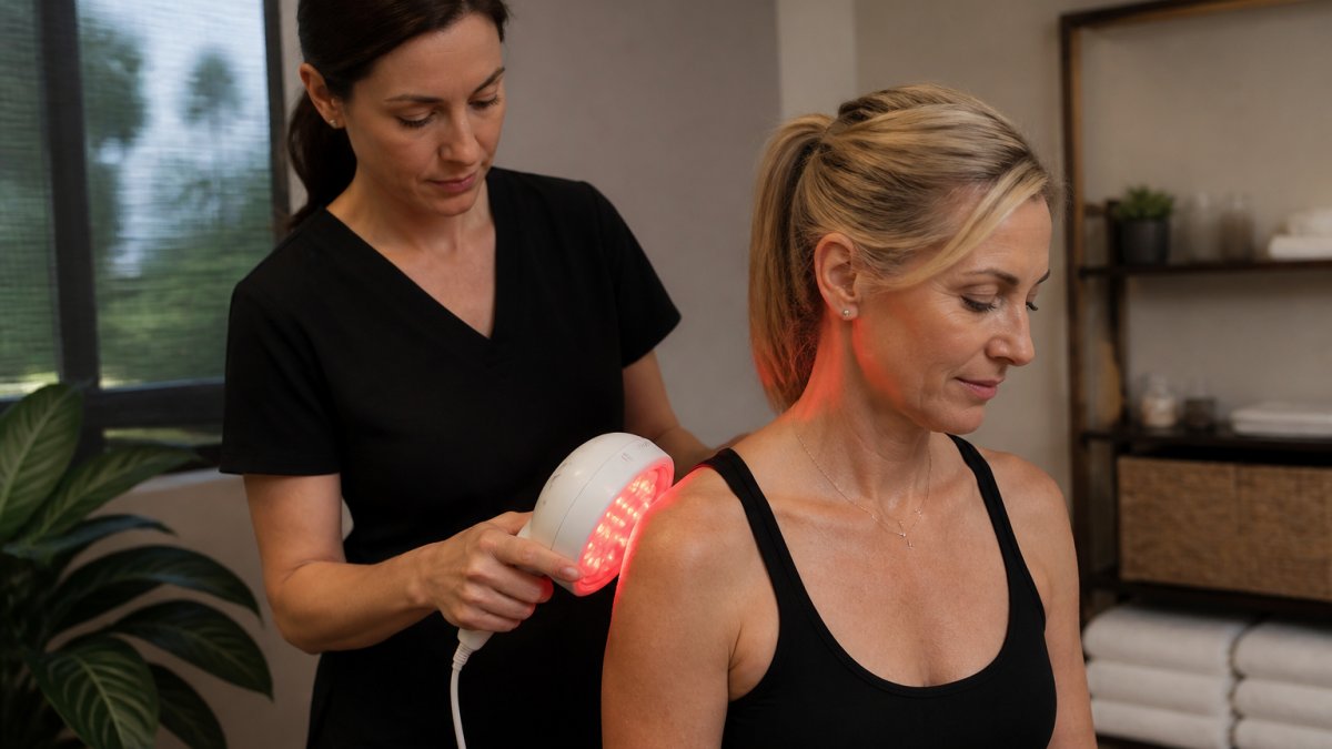 Professional applying red light therapy device to patient's shoulder in clinical wellness setting with warm ambient lighting
