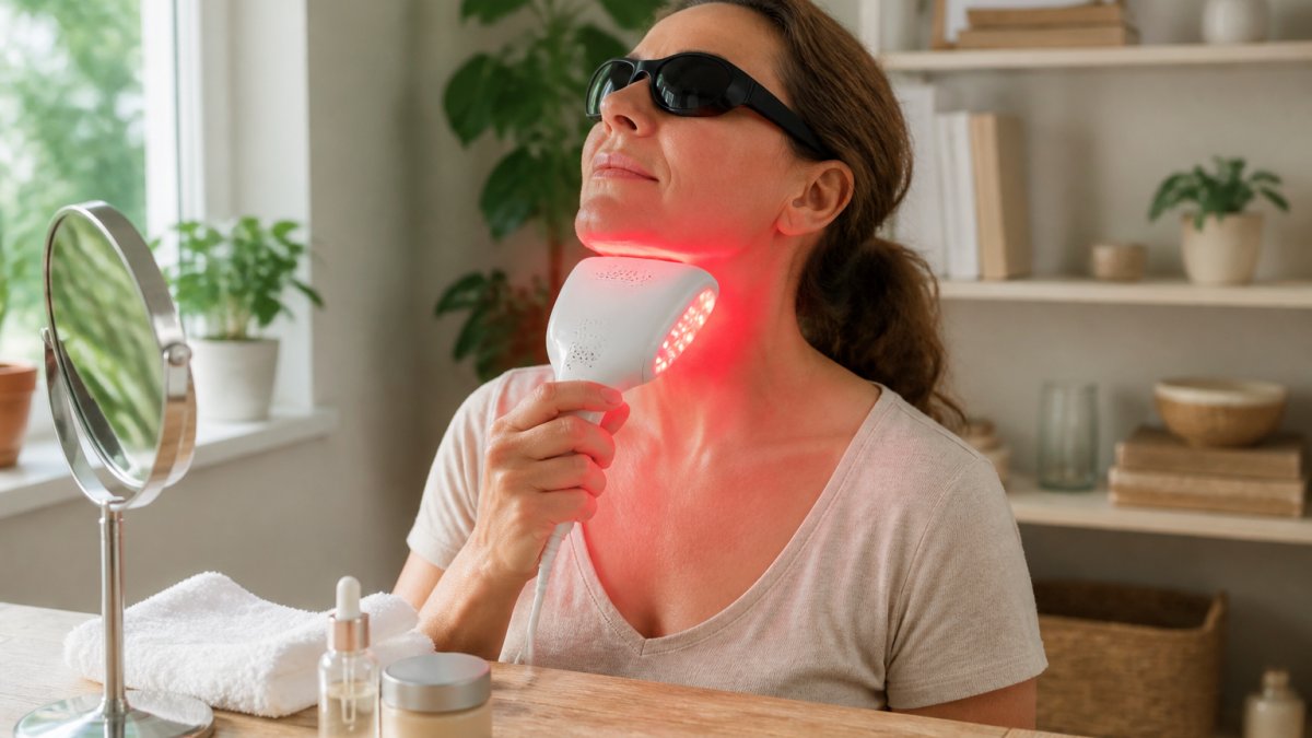 Person wearing protective eyewear while using a red light therapy device on their face and neck at home