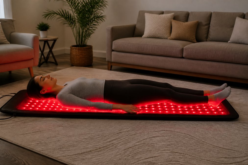 Person resting on a full-body red light therapy mat in a calm living room to support muscle and joint recovery