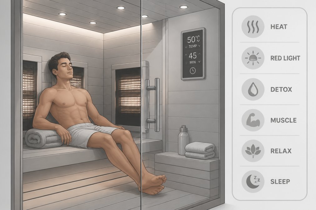 Athlete relaxing in an infrared sauna environment showing warm, peaceful recovery setting with soft lighting and comfortable seating
