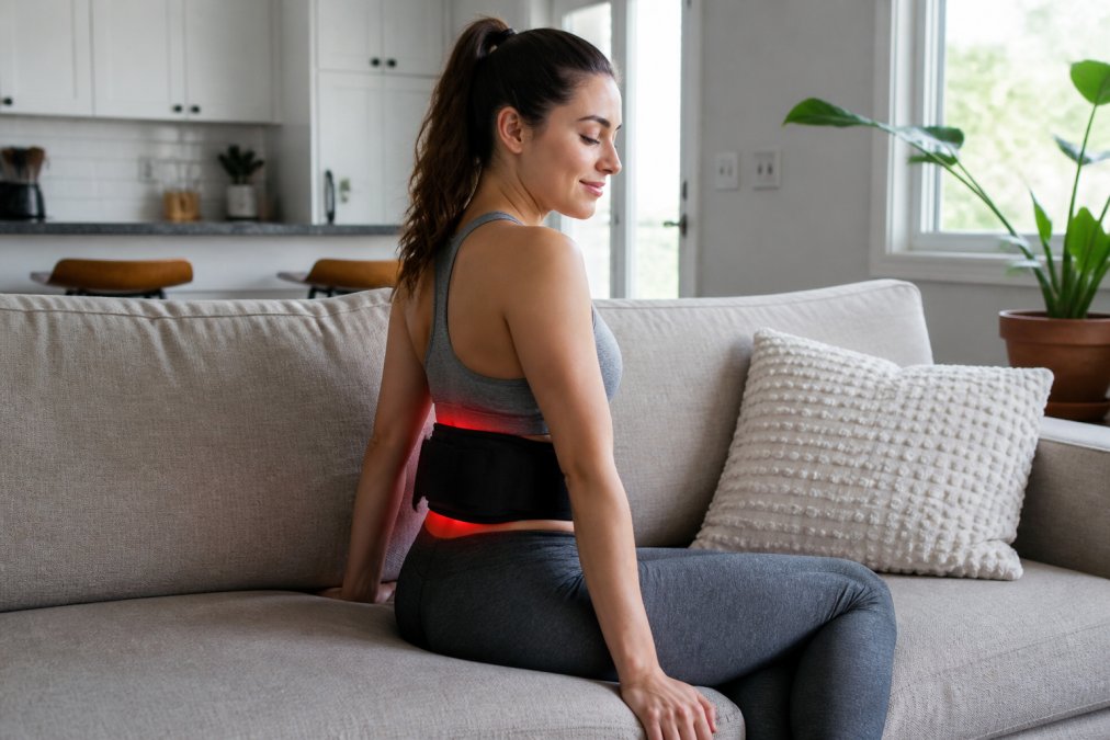 Woman in workout clothes sitting on a couch wearing a red light therapy belt on her lower back