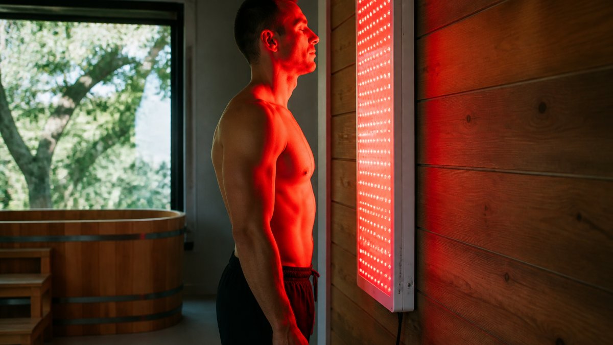 Person relaxing in front of a wall-mounted red light therapy panel in a modern home wellness space