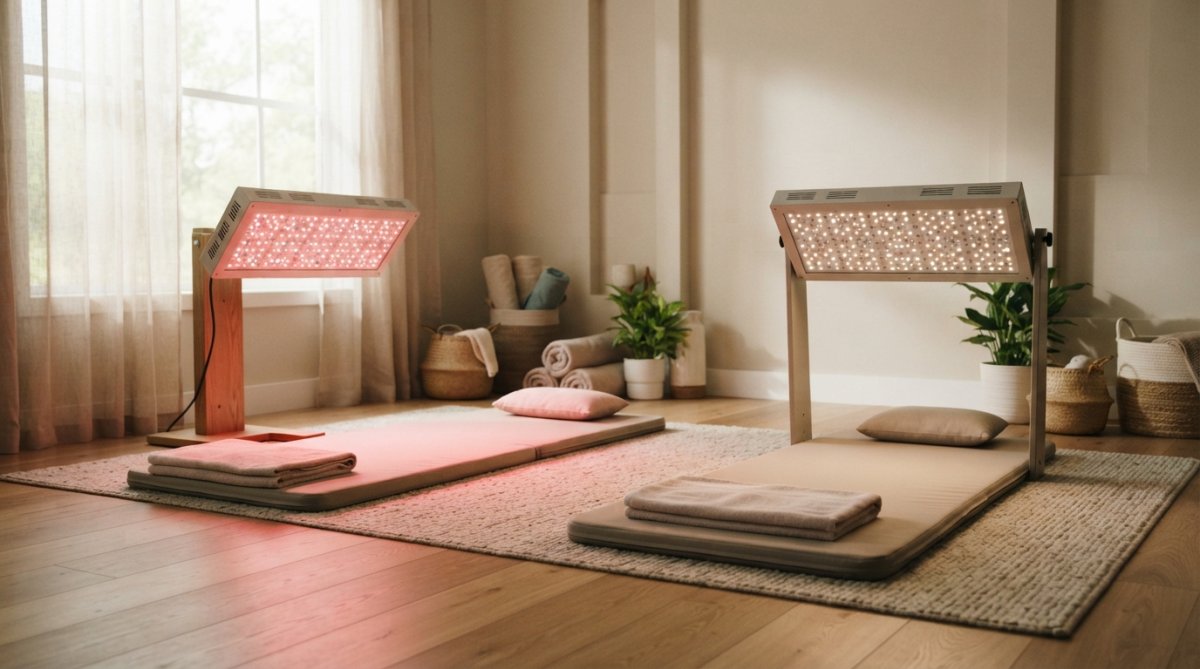 Person receiving red and near-infrared light therapy from a professional panel device during a home recovery session, lying on a mat with warm light exposure across back and legs