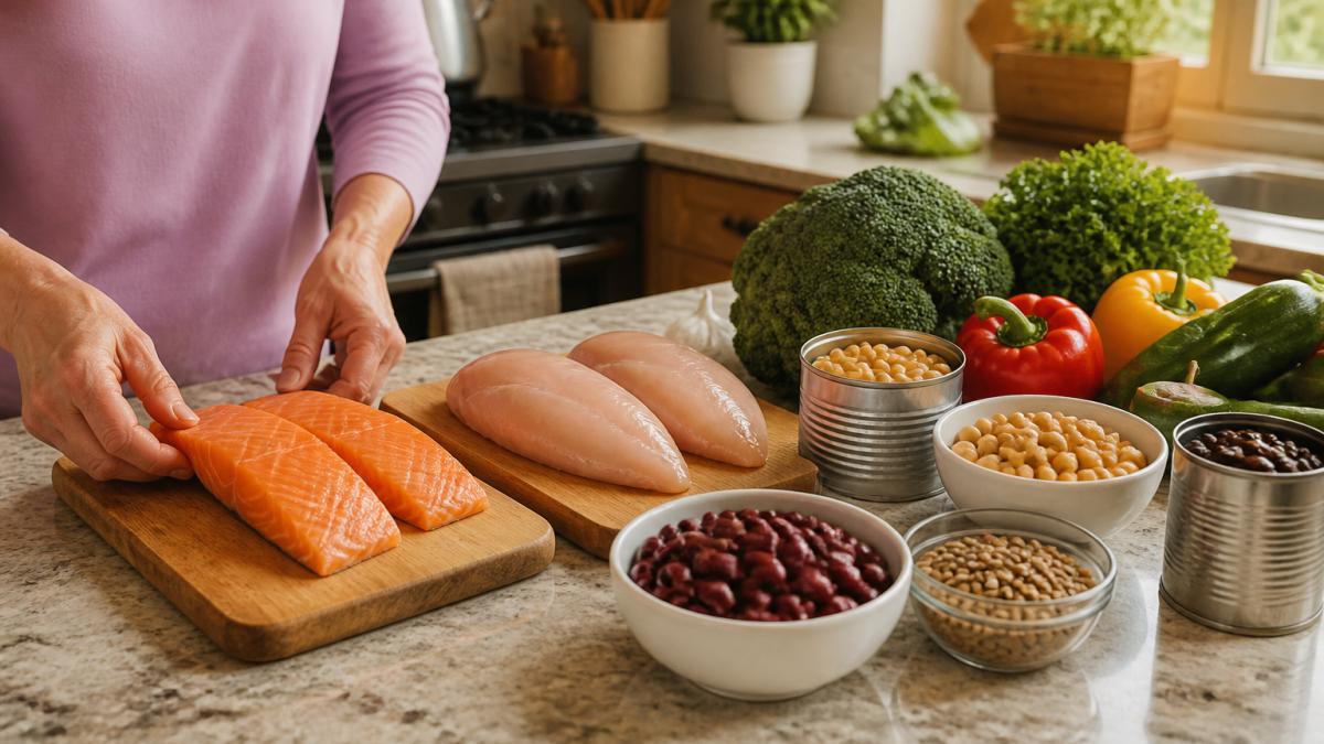 A home kitchen counter with fresh salmon fillets, skinless chicken breasts, canned beans, and lentils arranged alongside vegetables, showing heart-healthy protein options ready for meal preparation