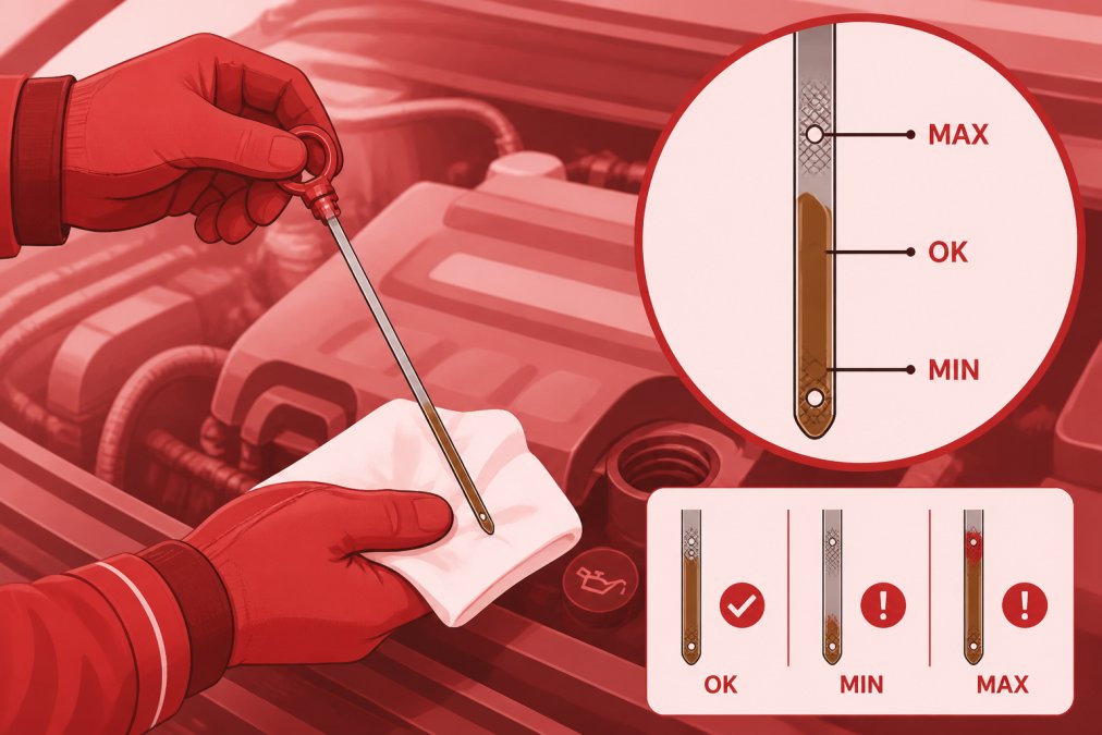Close-up of mechanic's hands checking engine oil dipstick against natural light, showing clear oil level markings on the stick
