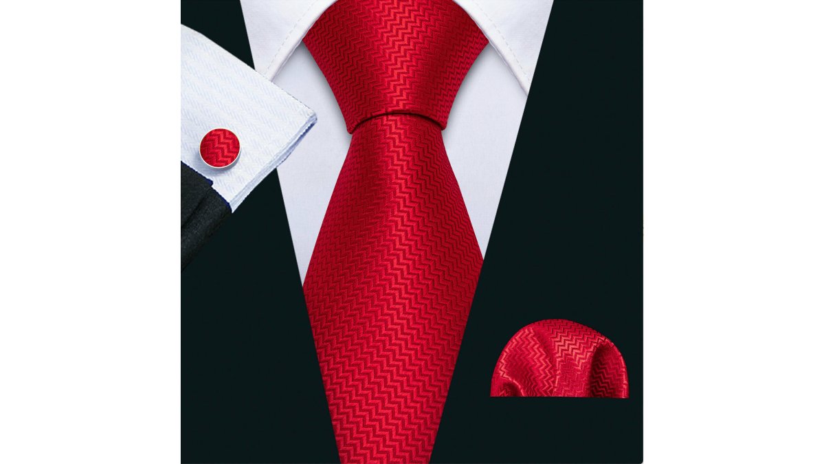 Red Silk Tie Pocket Square Cufflinks Set-N-5198