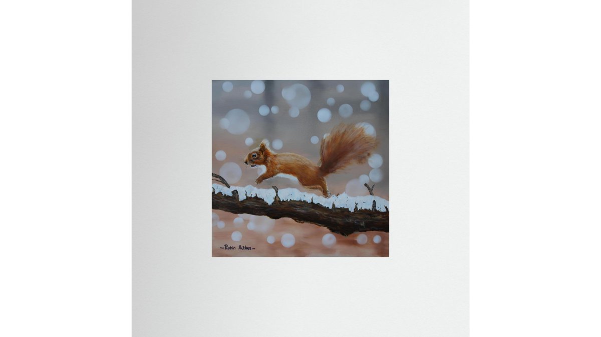 Red Squirrel Leap. Fine art print from original acrylic painting.