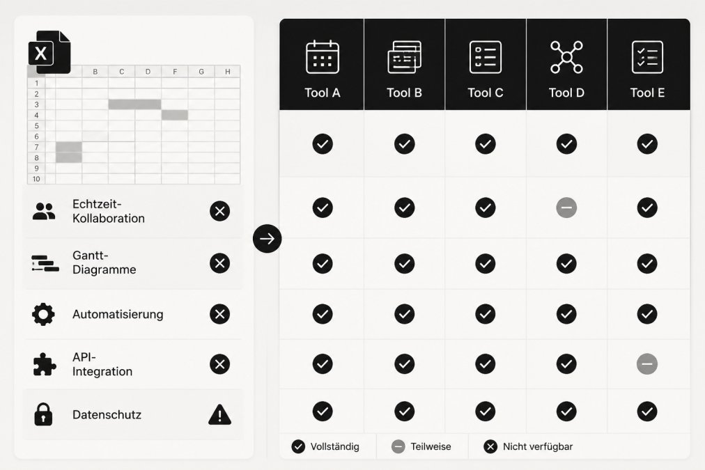 Vergleichsmatrix von fünf Redaktionsplan Software Alternativen mit Kriterien wie Echtzeit-Kollaboration, Gantt-Diagramme, Automatisierung, API-Integration und Datenschutz