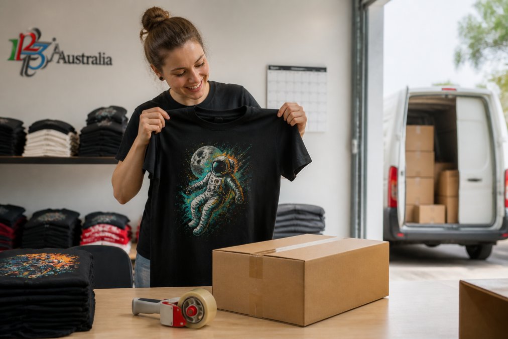 A person holding a freshly printed custom t-shirt next to a shipping box, with a calendar and delivery van visible in the background
