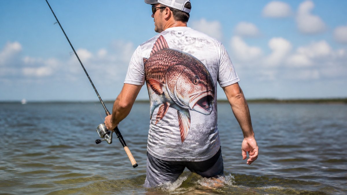 Angler wearing a short-sleeve redfish performance shirt with bold redfish artwork wading through shallow flats in bright sunlight, water reflecting off the shirt's moisture-wicking fabric
