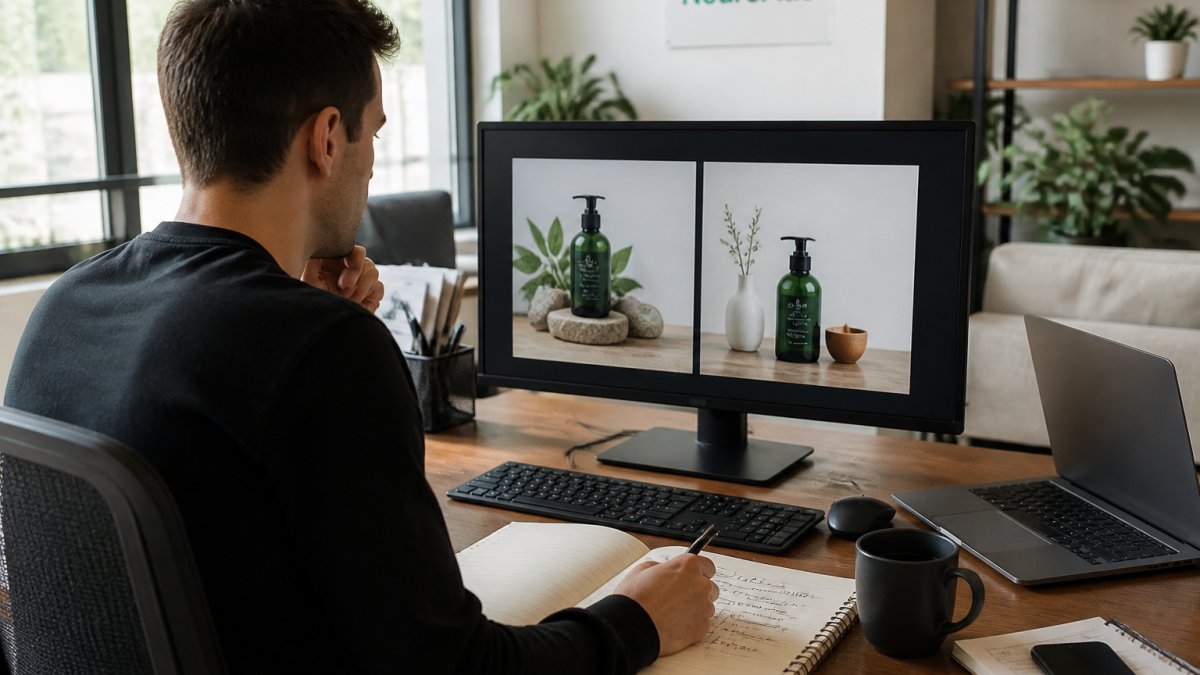 A paid media manager at a desk comparing two ad creative variants side by side on a large monitor, notebook with test notes and coffee nearby, bright modern office setting