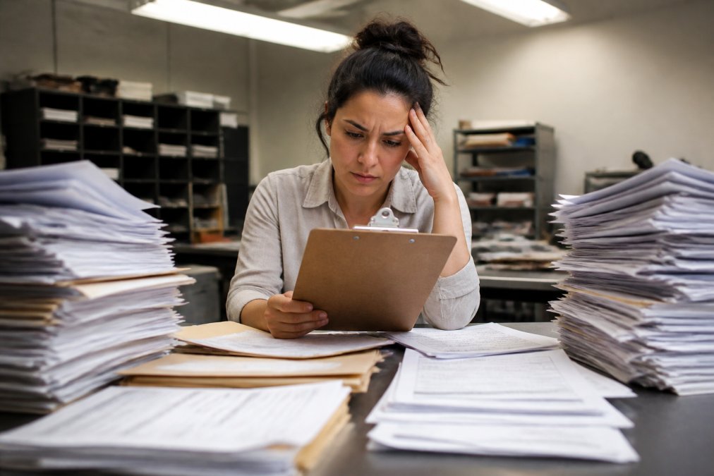 Office worker surrounded by stacks of paper invoices and work orders on desk, looking stressed while checking a clipboard under fluorescent lighting