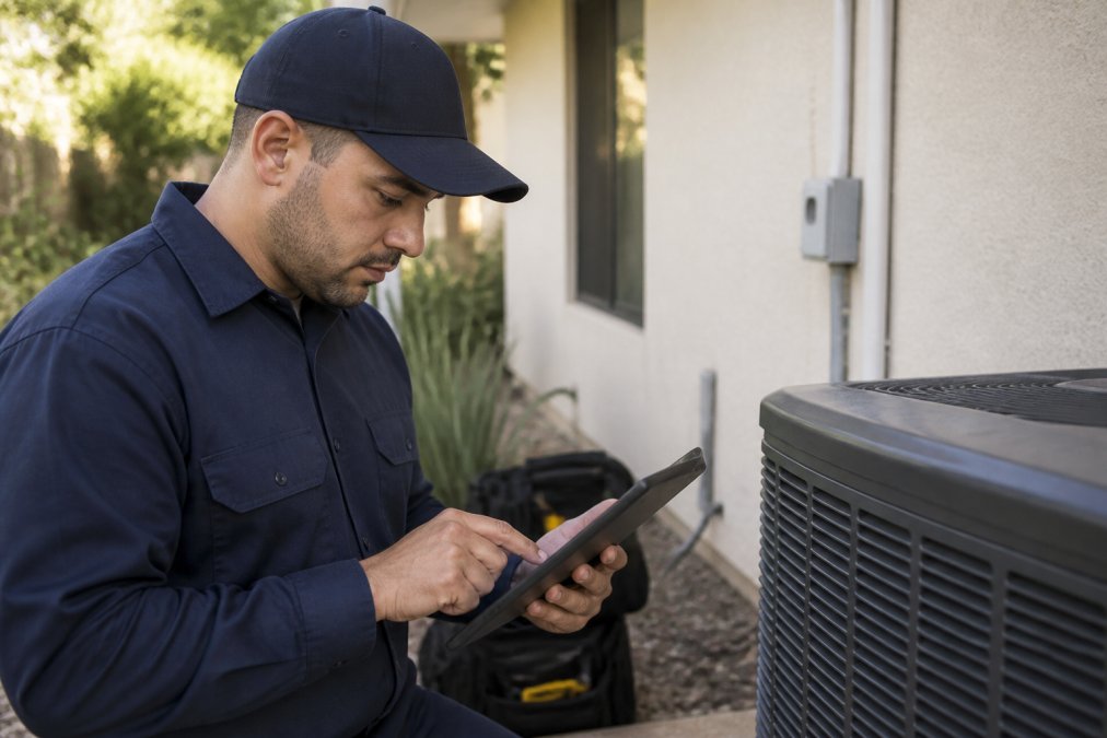 Field technician in work uniform using tablet to complete digital work order at customer's residential job site, natural daylight