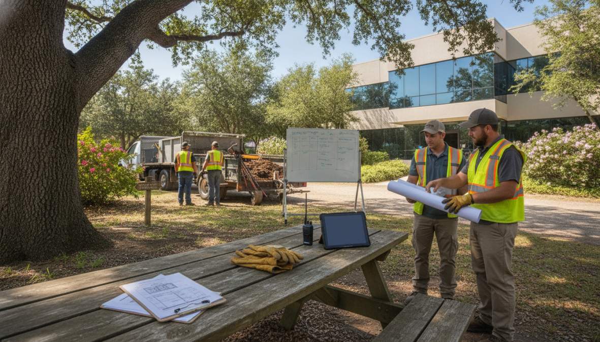 Landscaping crew leader reviewing work orders and communicating with office staff on a mobile device in the field while office team collaborates in the background